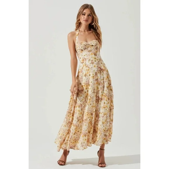 Astr | Dresses | Nwt 68 Astr The Label Women S Mariella Taupe Yellow Floral  Lined Maxi Dress | Poshmark